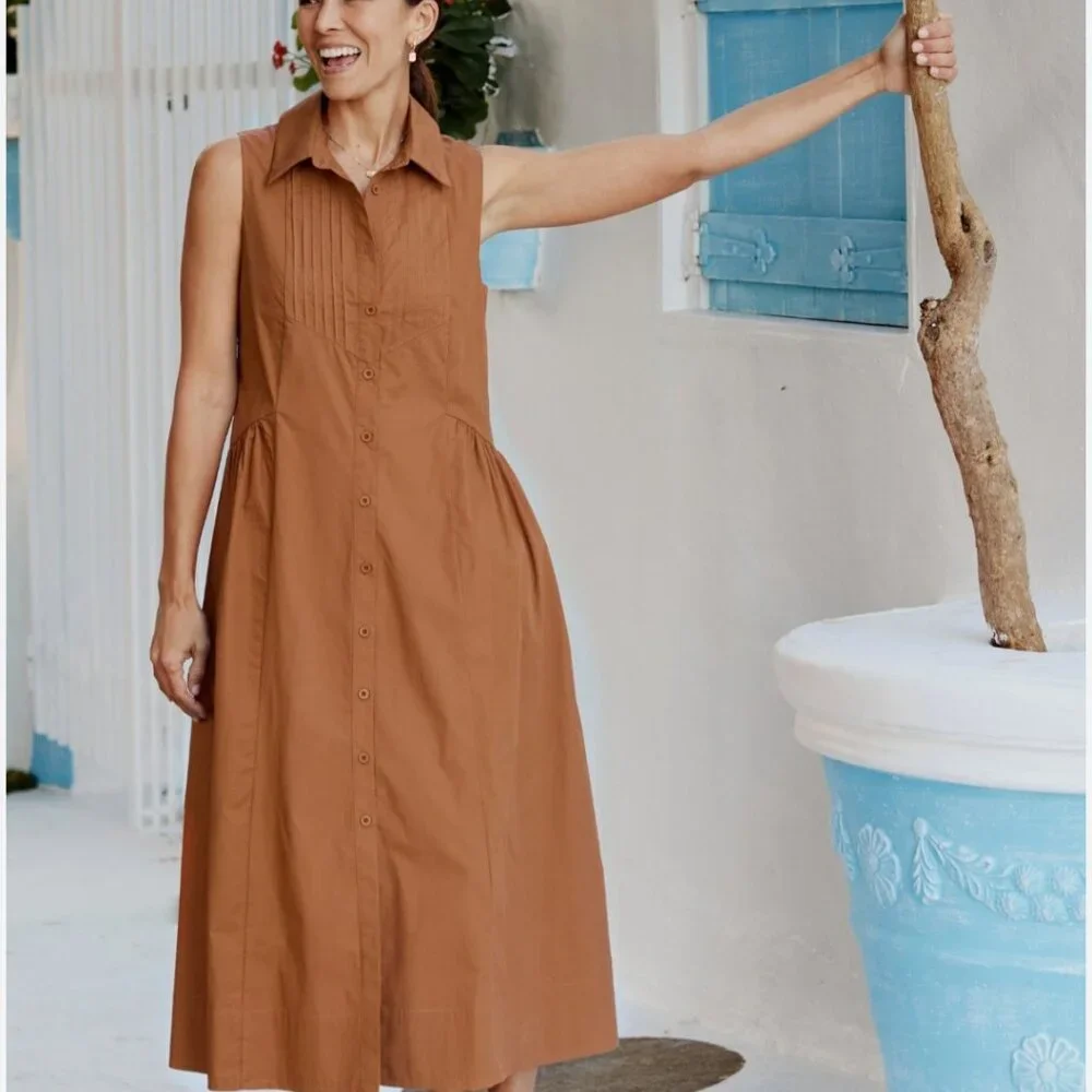 NWT Camel Cotton Poplin Midi Shirtdress Pintuck Button Front Pockets Small - Picture 2 of 10